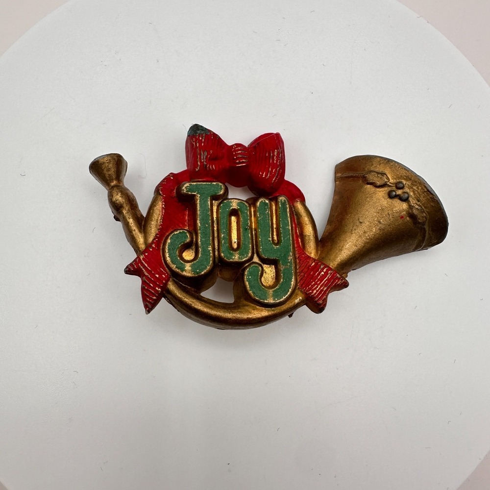 Vintage 80s Christmas Joy Horn Brooch Pin Gold Tone Women's Classic Jewelry